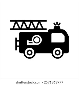 Fire emergency firetruck icon set. Black fire truck with ladder silhouette and line icon.