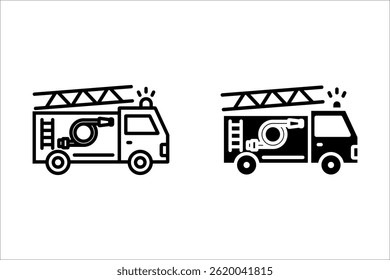  Fire emergency firetruck icon set. Black fire truck with ladder silhouette and line icon.