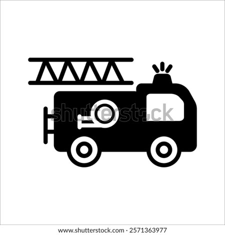 Fire emergency firetruck icon set. Black fire truck with ladder silhouette and line icon.