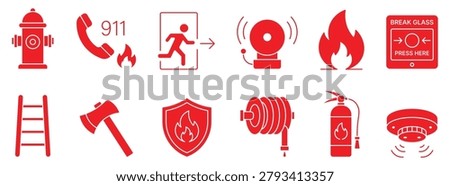 Fire emergency icon set with flat red signs for safety, evacuation, firefighting equipment and smoke detection vector illustration.