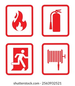 Fire emergency icons isolated set. Fire protection signs. Fire safety symbol collection. Fire prevention icons. Red, equipment, flames protection. Safety stickers. Extinguisher icon. 