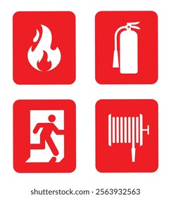 Fire emergency icons isolated set. Fire protection signs. Fire safety symbol collection. Fire prevention icons. Red, equipment, flames protection. Safety stickers. Extinguisher icon. 