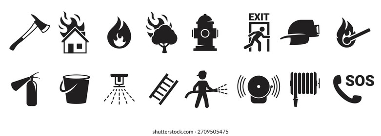 fire emergency icons set black on a white background