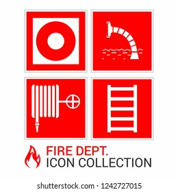 Fire emergency icons set. Fire signs and technical products.