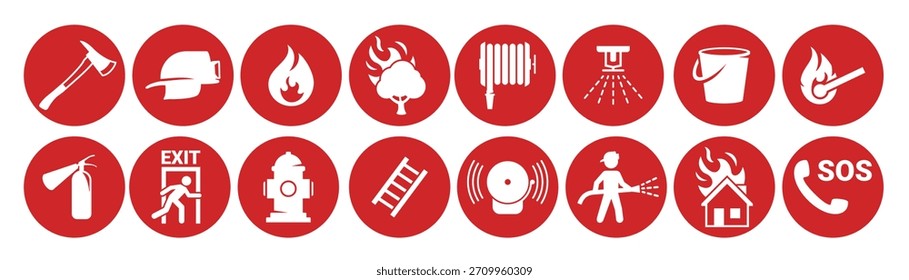 Iconos de la emergencia del fuego fijados blancos en un fondo rojo 