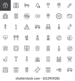 Fire emergency line icons set, outline vector symbol collection, linear style pictogram pack. Signs, logo illustration. Set includes icons as hospital, stretcher, ambulance, fireman, extinguisher