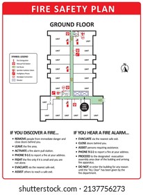 Fire emergency plan of building ground floor. Also known as emergency plan or egress plan. Detailed text instruction of procedures and emergency equipment locations for residents and fire department.