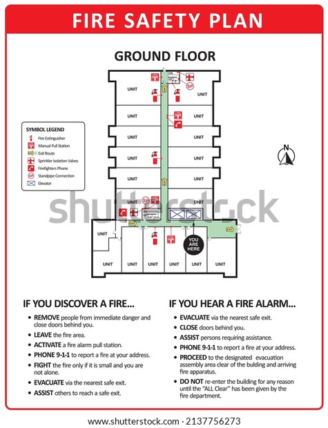 Fire emergency plan of building ground floor.\
Also known as emergency plan or egress plan. Detailed text\
instruction of procedures and emergency equipment locations for\
residents and fire\
department.