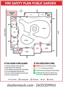 Fire emergency plan of public garden. Emergency plan or egress plan for educational venue. Detailed text instruction of procedures and emergency equipment locations for residents and fire department.