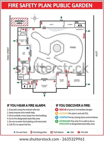 Fire emergency plan of public garden. Emergency plan or egress plan for educational venue. Detailed text instruction of procedures and emergency equipment locations for residents and fire department.