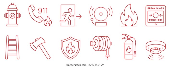 Fire emergency safety equipment line icons set with hydrant extinguisher alarm exit and protection symbols.