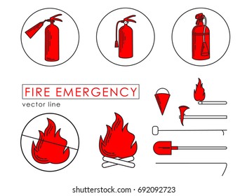 Fire emergency set of icons in line technique colorful