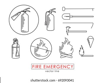Fire emergency set of icons in line technique mono color