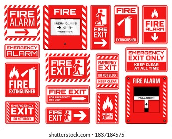 Fire emergency signs vector design of fire exit, extinguisher, alarm button and pull station, safety and evacuation icons. Red and white warning symbols with human figures, arrows, flames and doors