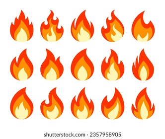 Fire emoji. Campfire burning flame, cartoon hot red bonfire, fireball abstract cool awesome symbol. Isolated wildfire vector icons set. Fireplace, camping or tourist element of different shapes