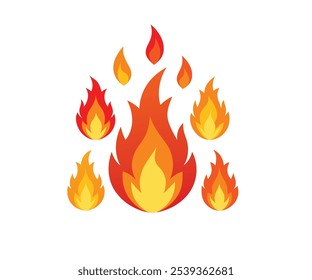 Emoji de fogo. Fogueira queimando chama, foguete quente fogueira vermelha, bola de fogo abstrato fresco símbolo incrível. Conjunto de ícones isolados de vetor de incêndio.