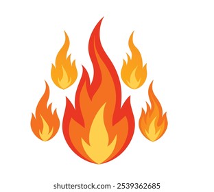 Emoji de fogo. Fogueira queimando chama, foguete quente fogueira vermelha, bola de fogo abstrato fresco símbolo incrível. Conjunto de ícones isolados de vetor de incêndio.