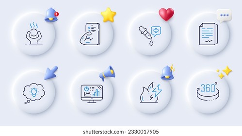 Fire energy, Energy and Analytics graph line icons. Buttons with 3d bell, chat speech, cursor. Pack of Document signature, Difficult stress, Chemistry pipette icon. Vector