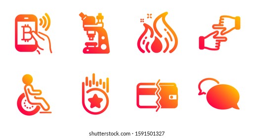 Fire energy, Bitcoin pay and Loyalty star line icons set. Disability, Microscope and Click hands signs. Payment methods, Messenger symbols. Flame, Mobile payment. Business set. Vector