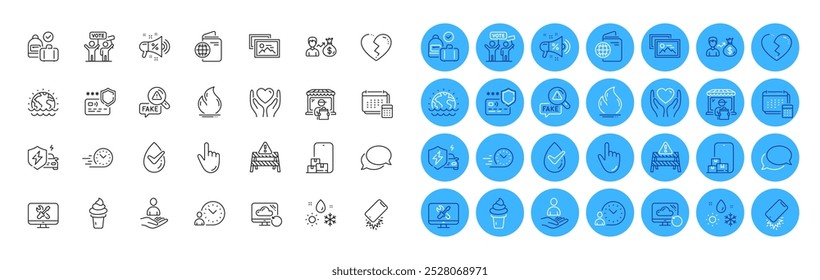 Energía de fuego, Dermatológicamente probado y paquete de iconos de línea de campaña de votación. Cursor, Hold heart, Icono de Web helado. Mercado de entrega, carretera de advertencia, pictograma de reparación. Desastre, corazón roto. Vector