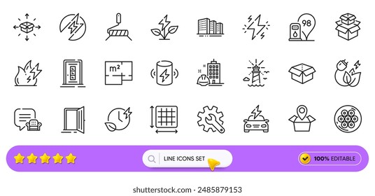 Fire energy, Electric energy and Square area line icons for web app. Pack of Lounge place, Package location, Open door pictogram icons. Paint roller, Charge battery, Power signs. Search bar. Vector