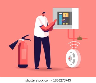 Concepto de Fuego, Energía y Seguridad Eléctrica. El carácter electromagnético del capataz examina el borrador de trabajo o la medición del voltaje en el tablero de mandos. Extinguisher , Sistema de señalización de la trampa de humo. Ilustración del vector de dibujos animados