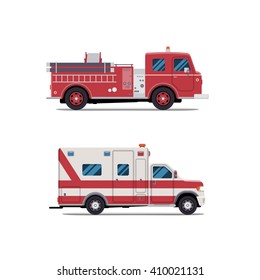 Fire Engine, Ambulance, Firetruck, Vector Flat Illustration