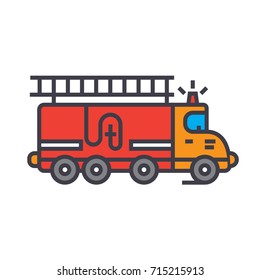 Fire engine, car flat line illustration, concept vector isolated icon 
