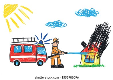 Fire Engine
A child draws a fire engine. Firefighter puts out a burning house. Vector illustration.
