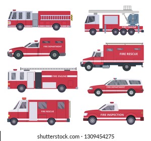Fire engine. Collection with red emergency department lighting service van helicopter vector vehicles