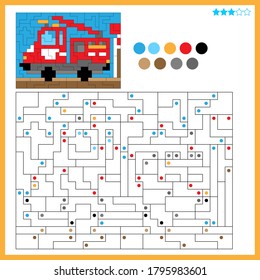 Fire engine. Coloring book for kids. Colorful Puzzle Game for Children with answer.