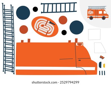 Bomberos. Cortar y pegar. Juego de rompecabezas educativo para niños. Ilustración vectorial plana, eps10