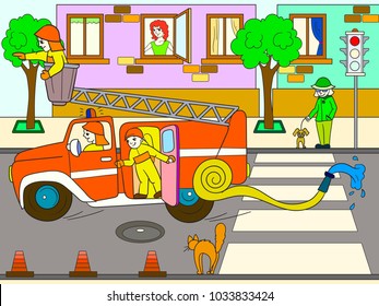 Fire engine is driving around the city.  Vector illustration