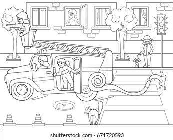 Fire engine is driving around the city. Nursery tale, cartoon, coloring black lines on a blank background. Vector illustration