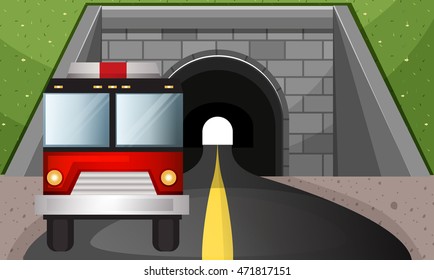Fire engine driving out of tunnel illustration