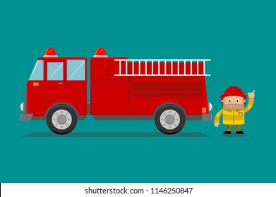 Fire Engine With Firefighter Cartoon Vector Illustration