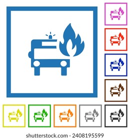 Fire engine with flame flat color icons in square frames on white background