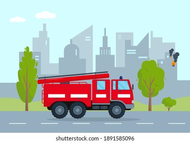 Fire engine going on fire in city. Emergency service vehicle concept. Red fire truck rushes to rescue. Vector illustration.