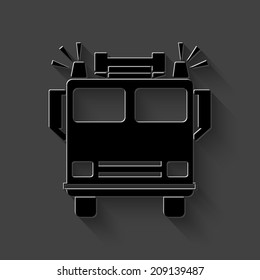 fire engine icon - black vector illustration with shadow on dark background