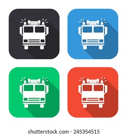 fire engine icon - colored illustration (gray, blue, green, red) with long shadow