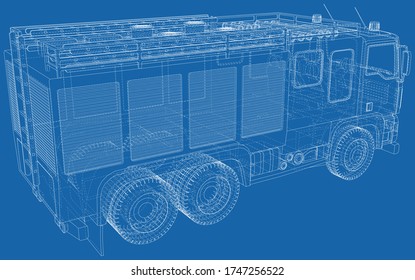 Fire Engine illustration vector. Fire truck Wire-frame line isolated. Vector rendering of 3d.