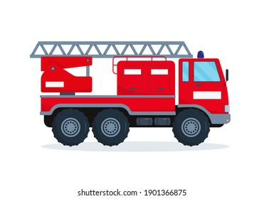 Fire engine isolated on white background. Red fire truck with escape. Emergency vehicle vector illustration.