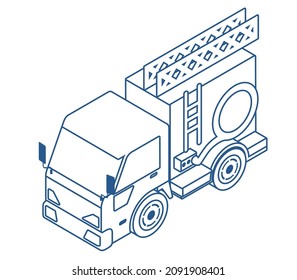 Feuerwehrmaschine mit Leiter. Illustration einer sehr deformierten, biometrischen Technik des Arbeitswagens.