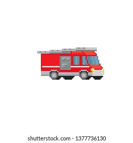 Fire engine. Pixel art. Old school computer graphic. 8 bit video game. Game assets 8-bit sprite.