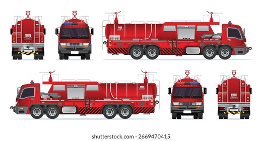 Vehículo rojo del camión del coche del motor de bomberos con el equipo del cañón de agua Modelo 3D realista altamente detallado ilustración plana del sistema del Vector
