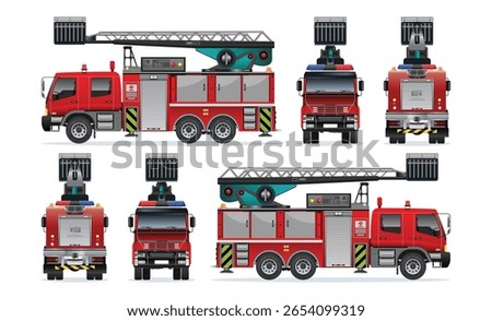 Fire engine red car truck vehicle with sky lift elevator truck peron 3D model view from various angles vector set illustration