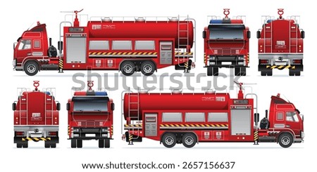 Fire engine red car truck vehicle with water cannon equipment 3D model realistic highly detailed flat vector set  illustration