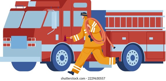 Motor de fuego, camión rojo, vehículo de emergencia, automóvil de escalera de rescate, aislado en blanco, diseño, ilustración vectorial estilo caricatura.