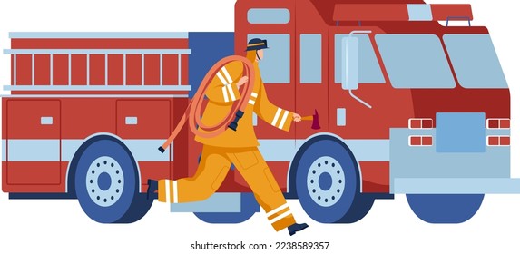 Motor de fuego, camión rojo, vehículo de emergencia, automóvil de escalera de rescate, aislado en blanco, diseño, ilustración vectorial estilo caricatura.