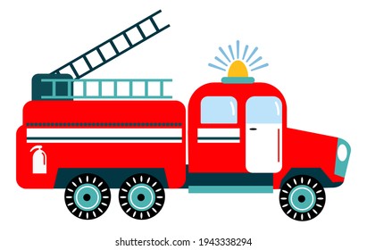 Fire engine. Rescue vehicle. Children's illustration. White background, isolate. Vector illustration.